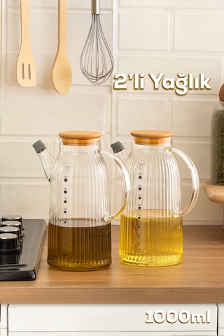 Porsima 2091 Bambu Kapaklı Vakumlu Ölçekli Borosilikat Cam 2li Yağdanlık Yağlık Sirkelik Seti 1000ml Şeffaf
