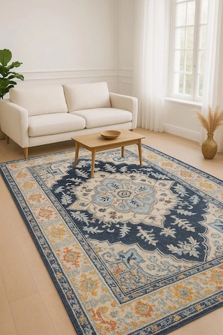 Vintage Desen Modern Halı Dekoratif Kilim Lacivert