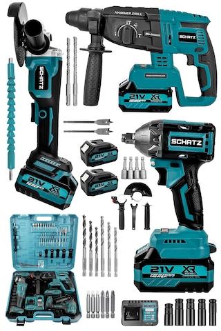 Schatz 21v Kömürsüz Çift Akülü Şarjlı 3'lü Set Spiral Taşlama + Kırıcı Delici Hilti + Somun Sıkma Sökme Makinesi Mavi