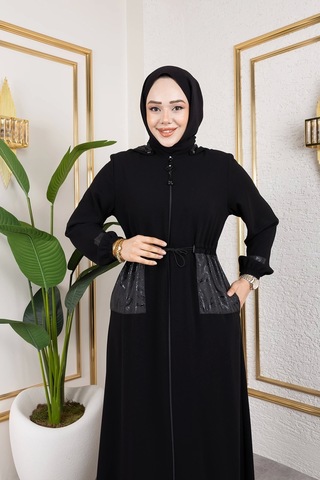 Cep Detaylı Bağlamalı Ferace - Siyah / F0138 Siyah