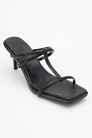 Luvishoes Luvi Shoes Mocha Siyah Desenli Kare Burunlu İnce Bantlı Kadın Topuklu Terlik Siyah