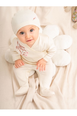 Kd43316.organik Sertifikalı Nakışlı Kız 3lü Takım 0-1/1-3/3-6/6-9ay Ekru