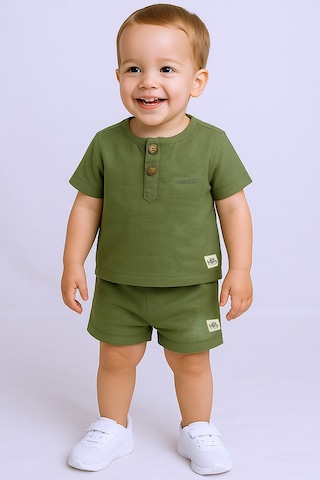 Erkek Bebek Şortlu Takım Bisiklet Yaka Düğmeli Düz Renk Haki