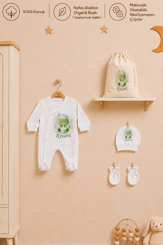 Pia Baby İsme Özel Erkek Bebek Tulum %100 Pamuk Organik Baskılı İsimli Bebek Tulumu Ham Bez Kıyafet Kesesi Bebek Hediye Seti 2067tkyx Krem