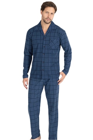 Erse Önden Düğmeli Uzun Kol Termal Pijama Takımı Kareli Lacivert