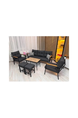 Houseart Balkon, Bahçe - Metal Kanepe Koltuk Takımı 3+1+1 + 2 Adet Puf + Sehpa Antrasit