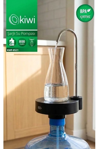 Kiwi Kwp-8521 Şarjlı Su Pompası Usb Şarjlı & Damacana Uyumlu & Paslanmaz Çelik Boru Siyah
