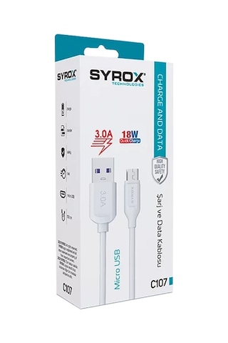 Syrox C107 18 W Micro USB Şarj Ve Data Kablosu Beyaz