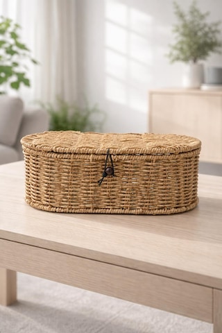 Rattan Kapaklı Oval Organizer Sepet Doğal Hasır Dekoratif Çok Amaçlı Saklama Kutusu Kahverengi