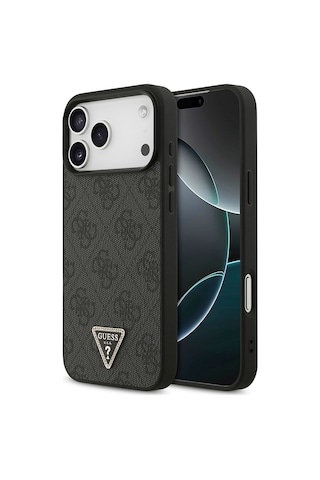 Apple iPhone Uyumlu 18 Pro Max Kılıf Guess Lisanslı Pu Deri Taşlı Üçgen Logo 4g Desenli Strass Kapak Siyah