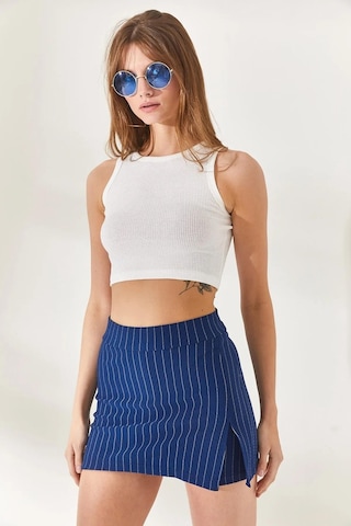 Alisse Kadın Lacivert Çizgili Likralı Mini Yırtmaçlı Şort Etek Lacivert Çizgili Lacivert