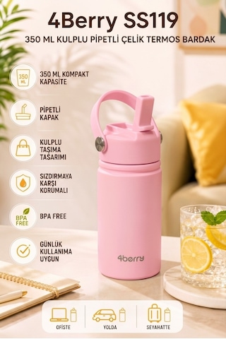 350 Ml Kulplu Pipetli Çelik Termos Bardak Bpa Free, Taşınabilir Mini Termos, Pembe Renk