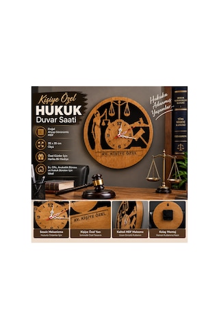 Kişiye Özel Avukat Duvar Saati 35x35 Cm Hukuk Temalı Ahşap Görünümlü Adalet Terazisi Tokmak Figürlü Dekoratif Saat