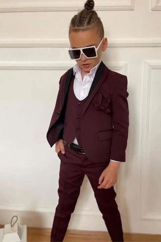 Riccotarz Erkek Çocuk Yakası Şerit Detaylı Cepken Yelekli Blazer Ceketli Bordo Takım Elbise Bordo