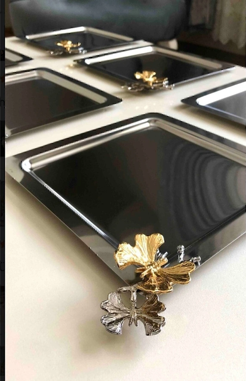 Jasper Paslanmaz Çelik Kare Model Kahve Tepsisi Kelebek Aksesuarlı Lüx Sunum Inox