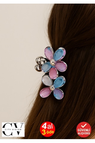 Karışık Renkli Taşlı Çiçek Gümüş Detaylı Metal Mandal Toka 4 Cm Çok Renkli