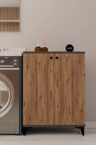 Çok Amaçlı Banyo & Çamaşır Odası Dolabı, Ayarlanabilir Raflı, Kapaklı Modern Banyo Dolabı Antrasit - Atlantik Çam