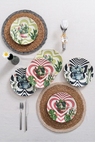 6'lı Kaktüs Desenli Pasta Tabağı Seti 20 Cm - Kahvaltı & Tatlı Sunum Renkli