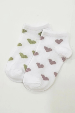 Cocole Socks Kız Bebek Patik Çorabı 2 Li Set Pamuklu Beyaz Zemin Üzeri Yeşil & Mürdüm Kalp Desenli Çok Renkli
