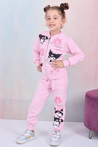 Karakter Baskılı Penye Ceketli - Penye Sweatshirt - Penye Pantolonlu Kız Çocuk 3lü Takım Pembe
