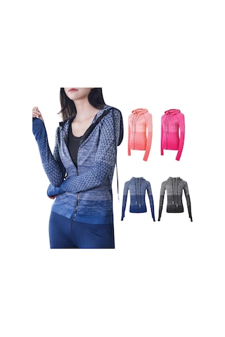 Moveevo Kadın Spor Ceket, Hoodlu, Zip Kapaklı, Parmak Delikli, Dokuma Desenli, Işık Ve Nefes Alabilir, Koşu-yoga İçin Slim Fit Mavi Asya Beden M