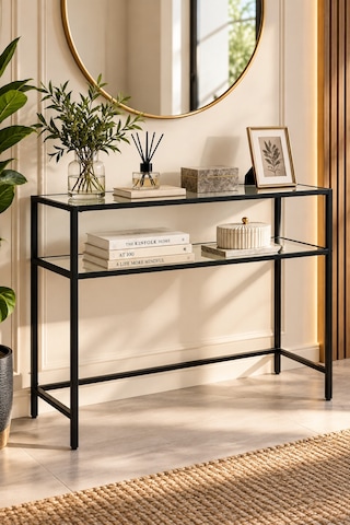 Modern 2 Katlı Siyah Renk Metal Iskeletli Cam Raflı Dresuar Konsol Modern 2 Katlı Siyah Renk Metal Iskeletli Cam Raflı Dresuar Konsol