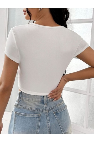 Rooted-kadın Kare & Havuz Yaka Crop T-shirt ,likralı Fitilli Kaşkorse Kumaş Ecru