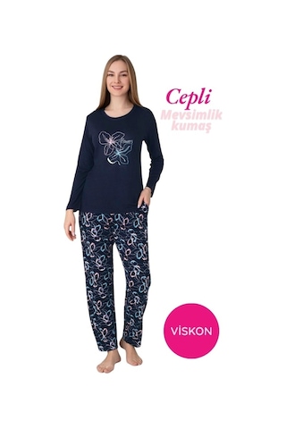 Kadın Bisiklet Yaka Düğmesiz Dökümlü Viskon Mevsimlik Uzun Kol Cepli Pijama Takımı Lacivert Mavi