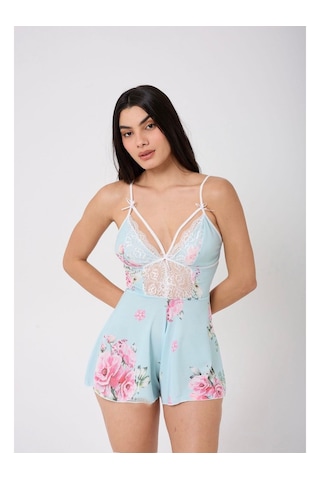 Eloria Fashion Dantel Detaylı Askılı Çiçek Desenli Kadın Tulum Pijama,gecelik Turkuaz