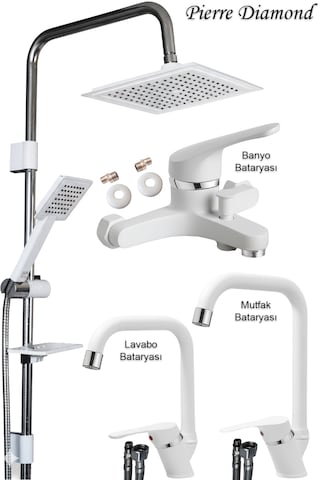66231 Lavabo Banyo Mutfak Bataryası Ve Robot Duş Takımı Köşe Borulu Siyah Krom Beyaz Beyaz - Krom