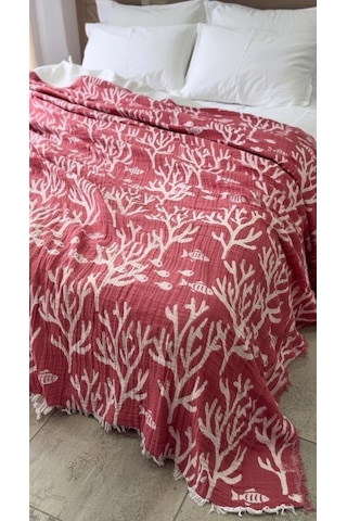 Mercan Desen 4 Katlı Müslin Pike Yatak Örtüsü Battal Boy 240x260 Cm Kırmızı