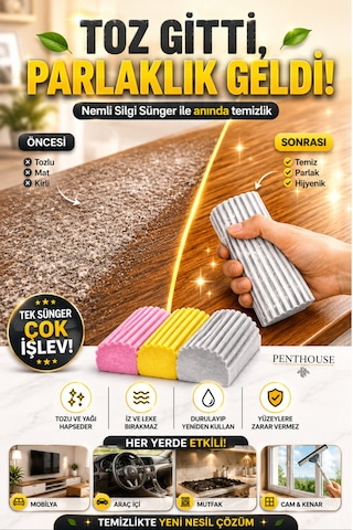 3 Adet Nemli Silgi Sünger - Toz Ustası - Çok Amaçlı Temizlik Toz Süngeri