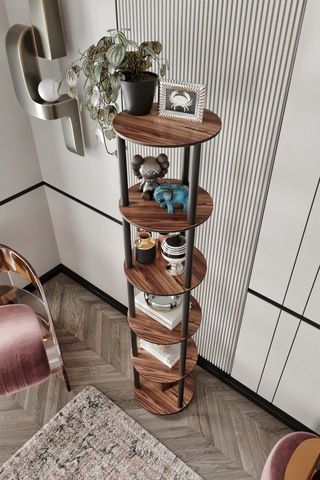 Dekoratif Masivo Kitaplık 6 Katlı 34 Çap Yuvarlak Çok Amaçlı Raf Ceviz