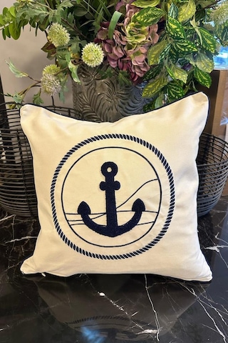 Denizci Lüx Nakışlı Keten Kırlent Kılıfı 45x45 Cm Lacivert