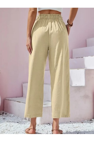 Ge Ticaret Kadın Bel Büzgü Ve Düğme Detay Kapri Keten Pantolon Bej
