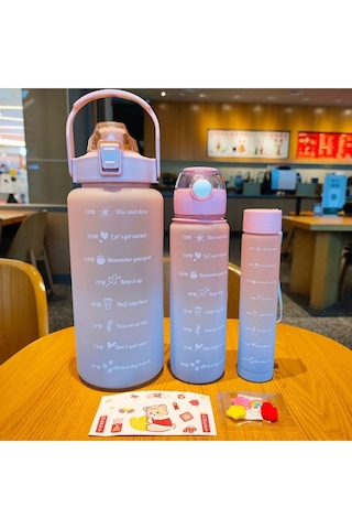 Motivasyonel 3lü Set Su Matarası Su Şişesi Suluk 2lt+900ml+300ml Tritan Spor Salonu Su Şişesi Suluk Çok Renkli