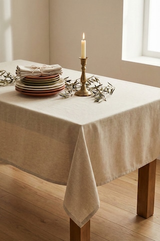 Linen Vintage Naturel Keten Masa Örtüsü - Ham Bej Yıkanmış Keten Bohem Sofra Örtüsü