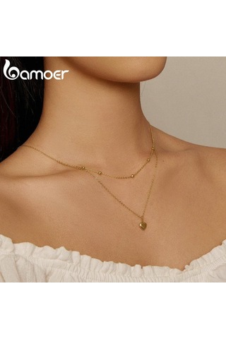 Bamoer Takı Bamoer Aşk Kalp Kadın Klavikula Zinciri Çift Zincir 925 Ayar Gümüş Boyun Takı Altın
