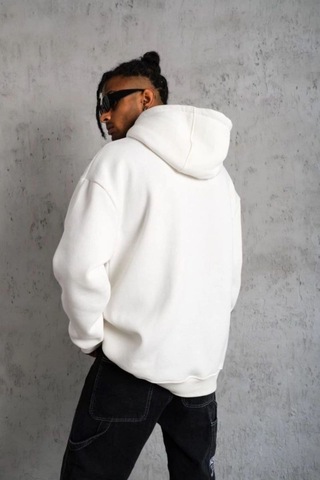 Vinevesta Erkek 3 İplik Pamuklu Kapüşonlu Cepli Düz Oversize Hoodie Sweatshirt - Beyaz Çok Renkli