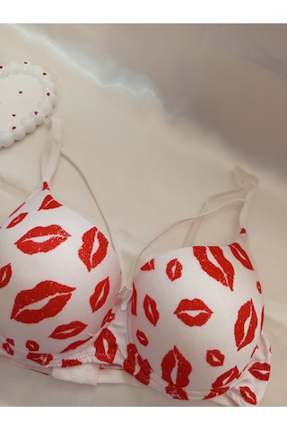 Csaymoda Öpücük Desenli Destekli Balenli Çapraz Sütyen Takımı Eser Beyaz