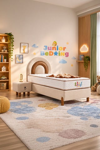 Junior Bedding 100x200 Tek Kişilik Yatak, Baza, Baza Başlık Seti Ortopedik Yataklı Sandıklı Baza 3 Lü Set Bej 100 x 200