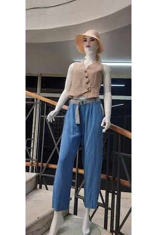 Eren Style İtalyan Kemerli Keten Pantolon-9260 İndigo Mavi İndigo