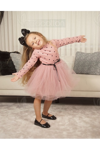 Puantiyeli Kız Çocuk Uzun Kollu Doğum Günü Ve Özel Günler İçin Tüllü Elbise Gülkurusu