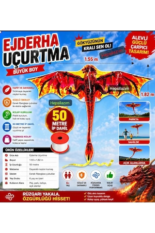 Dragon Oyuncak Uçurtma Büyük Ejderha Alev Desenli 1.55x1.82cm Kolay Uçan