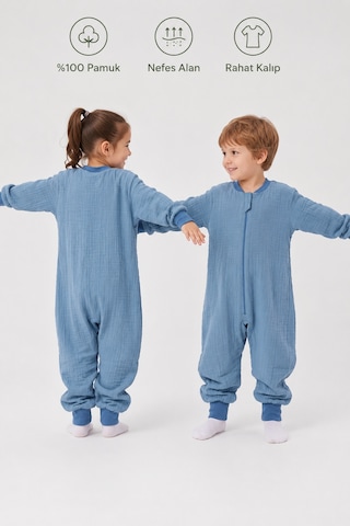 Babyhola Çocuk Uyku Tulumu 1-8 Yaş Unisex Uzun Kollu 1 Tog %100 Pamuk Müslin 2706 Mavi