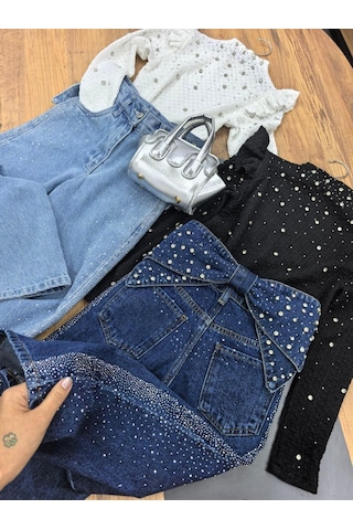 Kız Çocuk Taş Detaylı Geniş Paça Kot Pantolon, Fırfırlı Bluz Ve Çantalı 3 Lü Takım 0710-b Beyaz