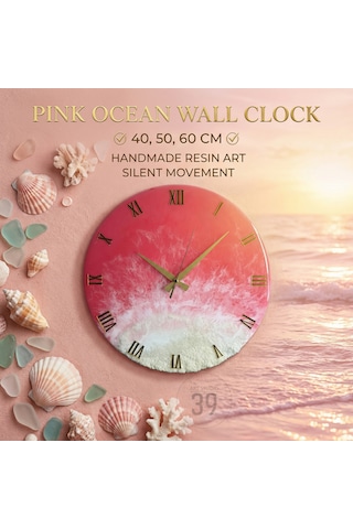 Pink Ocean Okyanus Duvar Saati 40 Cm Pembe & Beyaz Dalga Efektli Epoksi Saat Altın Rakamlı Lüks Tasarım, Sessiz Mekanizma Okyanus