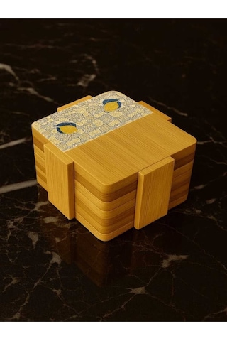 Tantitoni Bambu 6 Parça Standlı Desenli Bardak Altlığı Seti 11.5x11x5 Cm Ahşap