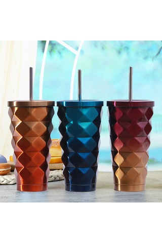 Kosona 500ml Mor Gradyan Diamond Desenli 304 Paslanmaz Çelik Vakumlu Isı Saklama Bardak, Pipet Ve Kapaklı, Ofis/seyahat İçin Diğer