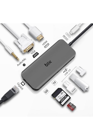 Bix BX11HB Type-C to HDMI VGA Ethernet 3.5mm Aux Jack USB 3.0 PD Kart Okuyucu Dönüştürücü Adaptör Hub